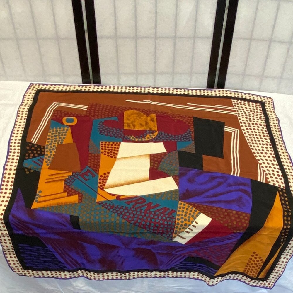 Ellen Tracy Large Square Scarf Abstract Geometric Print Purple, Brown, Black